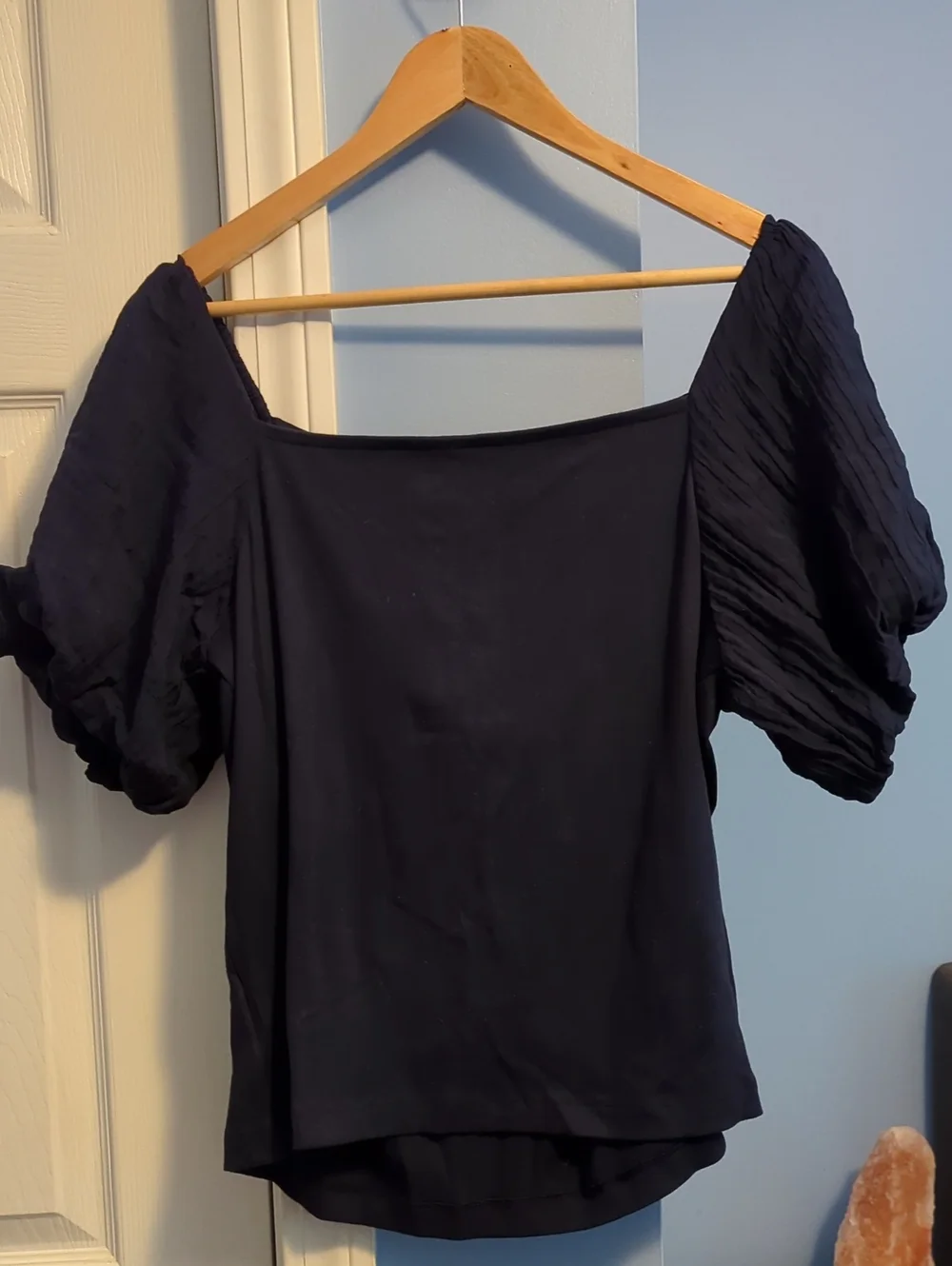 LOFT Dark Navy Puff-Sleeve Square Neck Top With Bow Detail